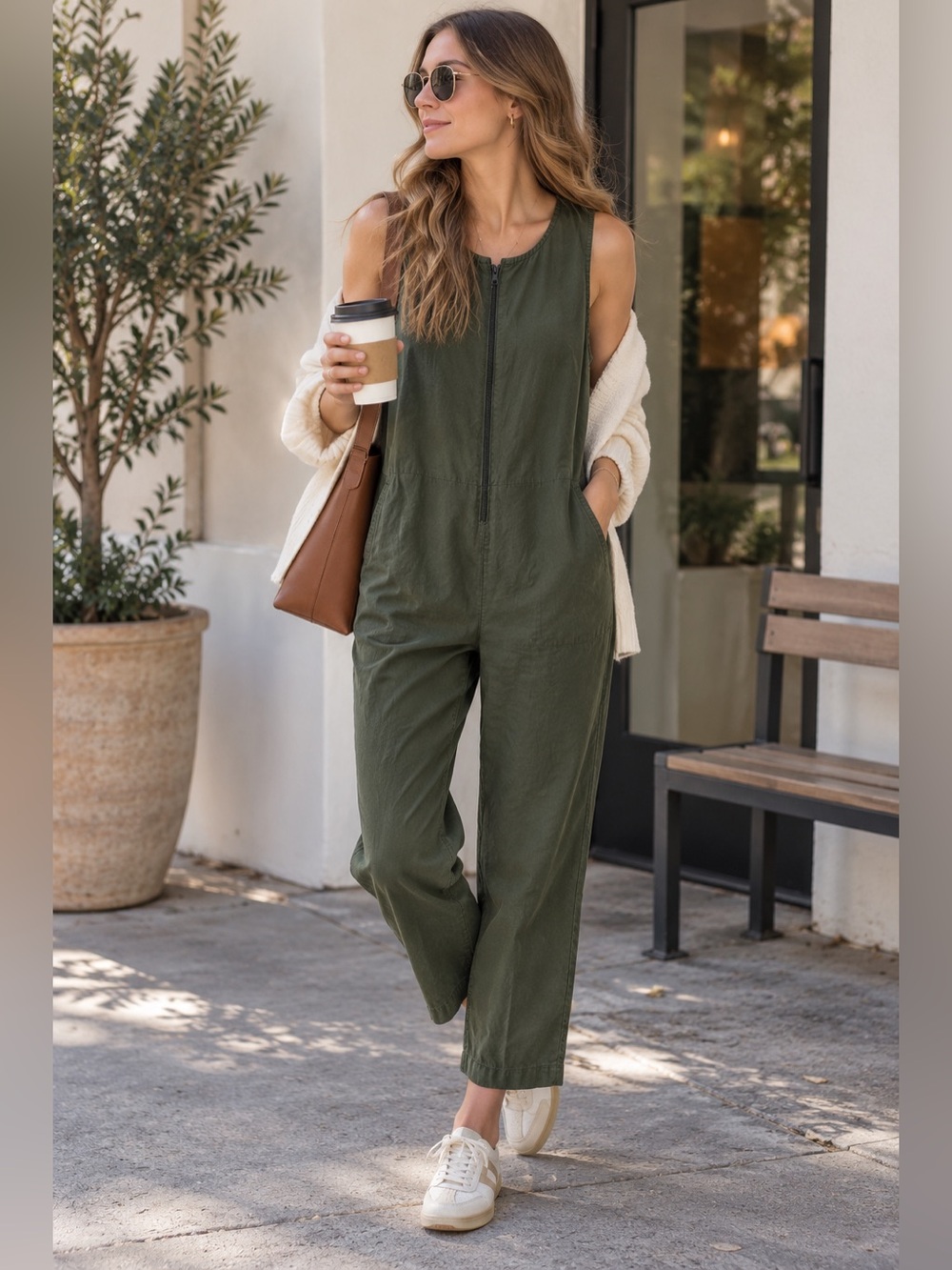 Eileen Fisher Olive Green Sleeveless Zip Front Utility Jumpsuit Size L